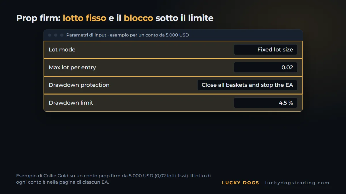 Parametri dell'EA su MT5 con lotto fisso e blocco al 4,5% per prop firm
