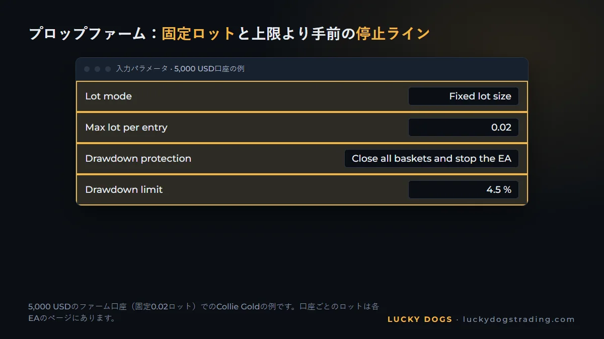 プロップファーム向けに固定ロットと4.5%の停止ラインを設定したMT5のEAパラメータ