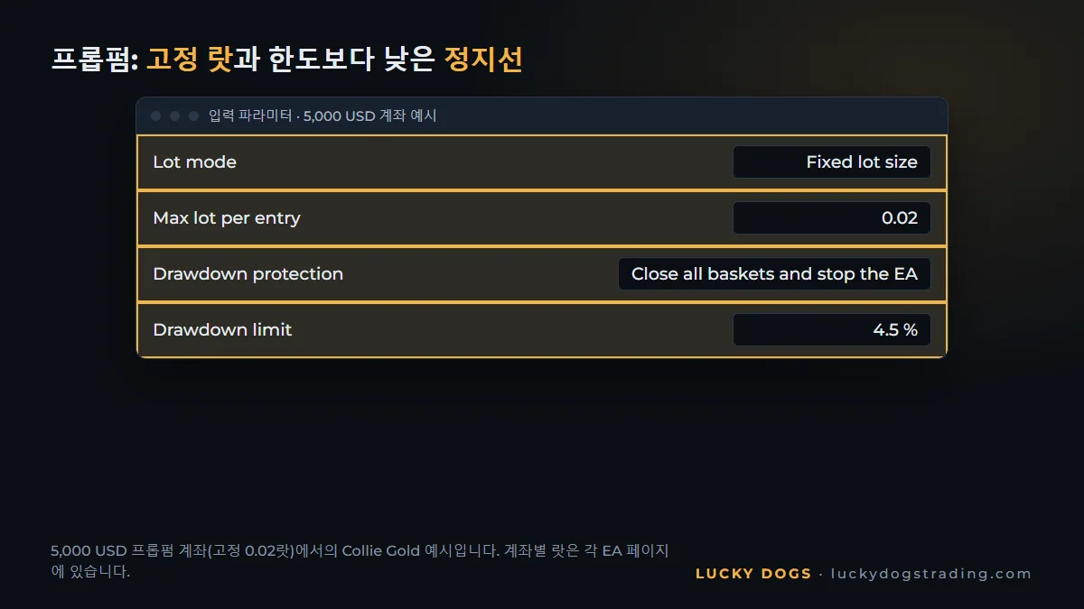 프롭펌용으로 고정 랏과 4.5% 정지선을 설정한 MT5의 EA 파라미터