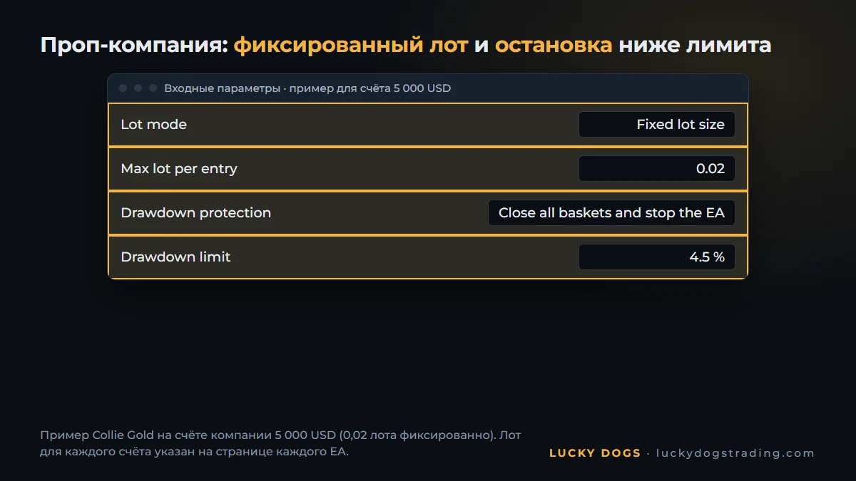 Параметры EA в MT5 с фиксированным лотом и стопом на 4,5 % для проп-компании