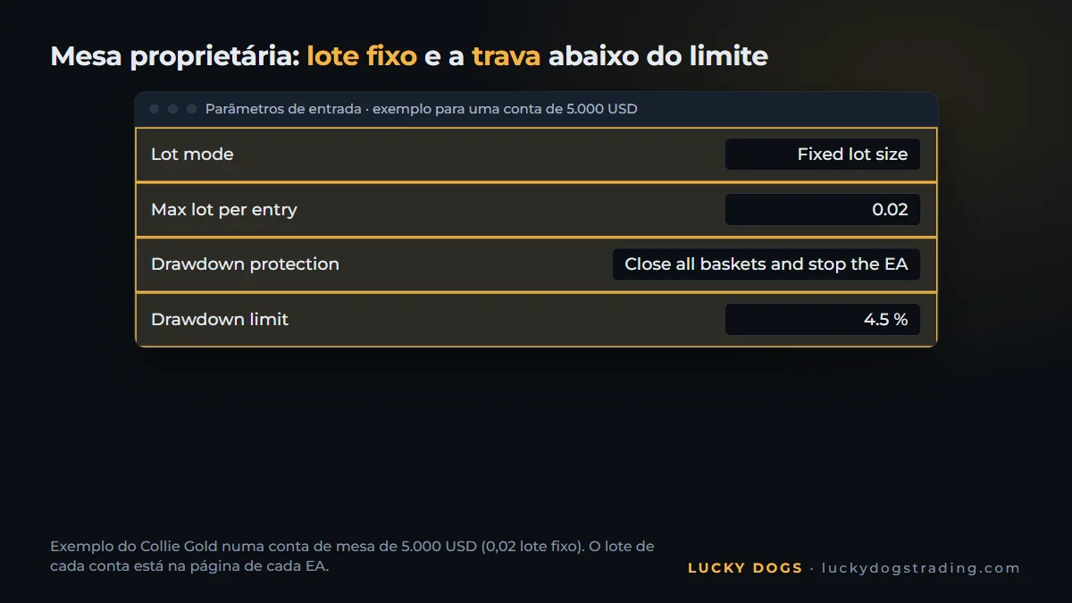 Parâmetros do EA no MT5 com lote fixo e trava de 4,5% para mesa proprietária