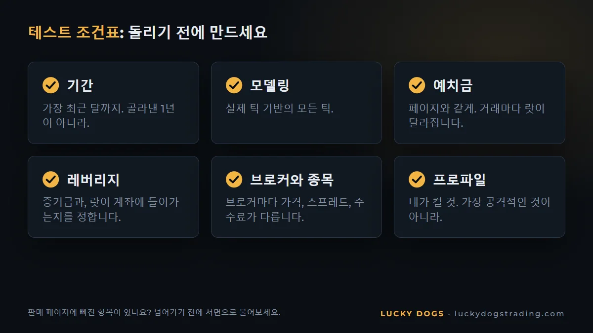 EA 테스트 조건표: 기간, 모델링, 예치금, 레버리지, 브로커, 프로파일