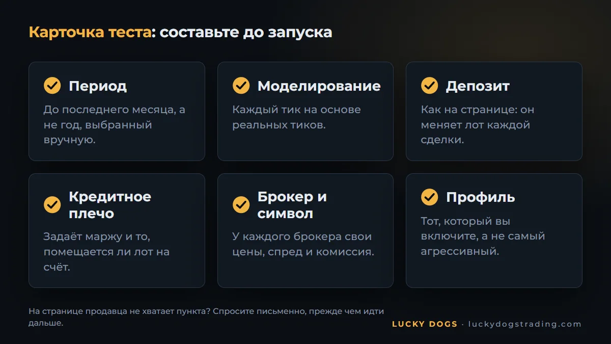 Карточка теста советника: период, моделирование, депозит, кредитное плечо, брокер и профиль