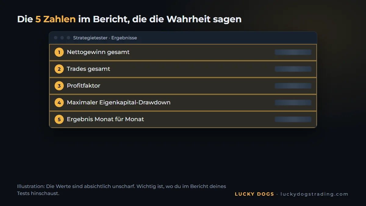 Bericht des Strategietesters mit hervorgehobenem Nettogewinn, Profitfaktor und maximalem Drawdown