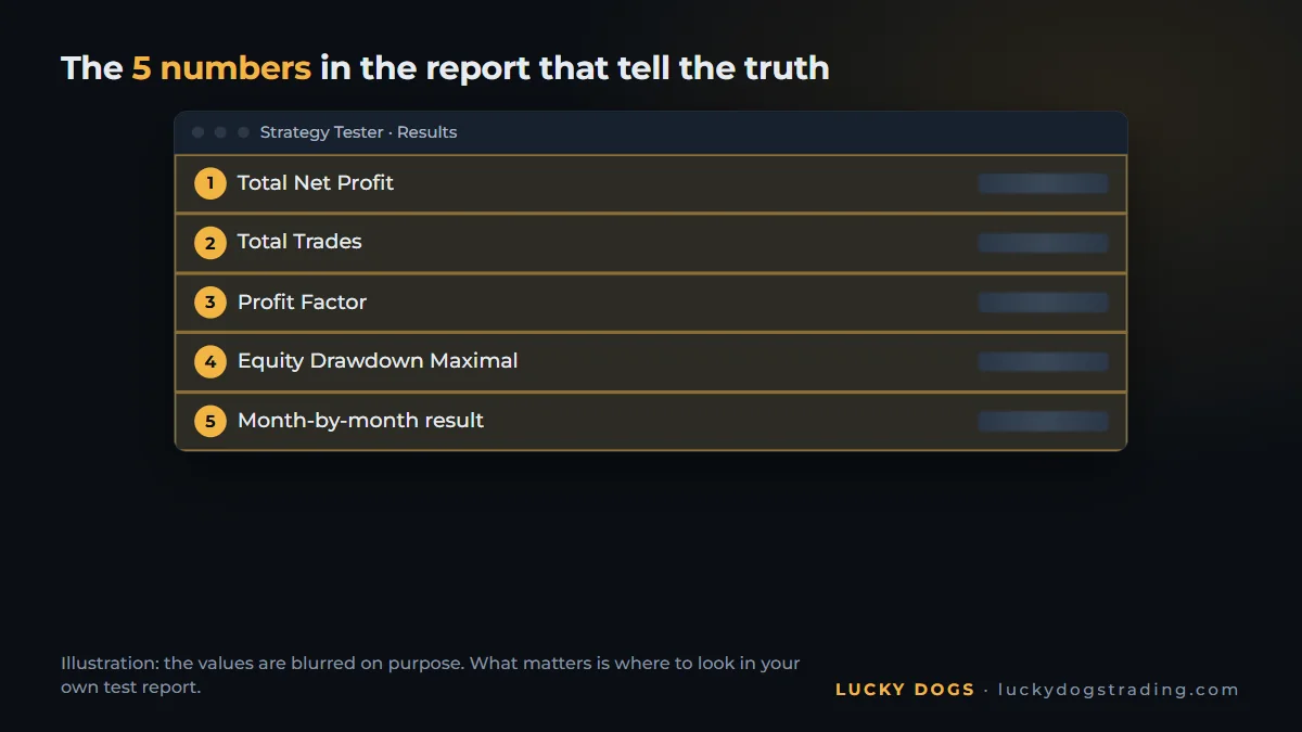 Strategy Tester report with net profit, profit factor and maximum drawdown highlighted