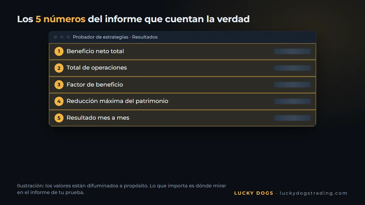 Informe del Probador de estrategias con beneficio neto, factor de beneficio y mayor caída resaltados