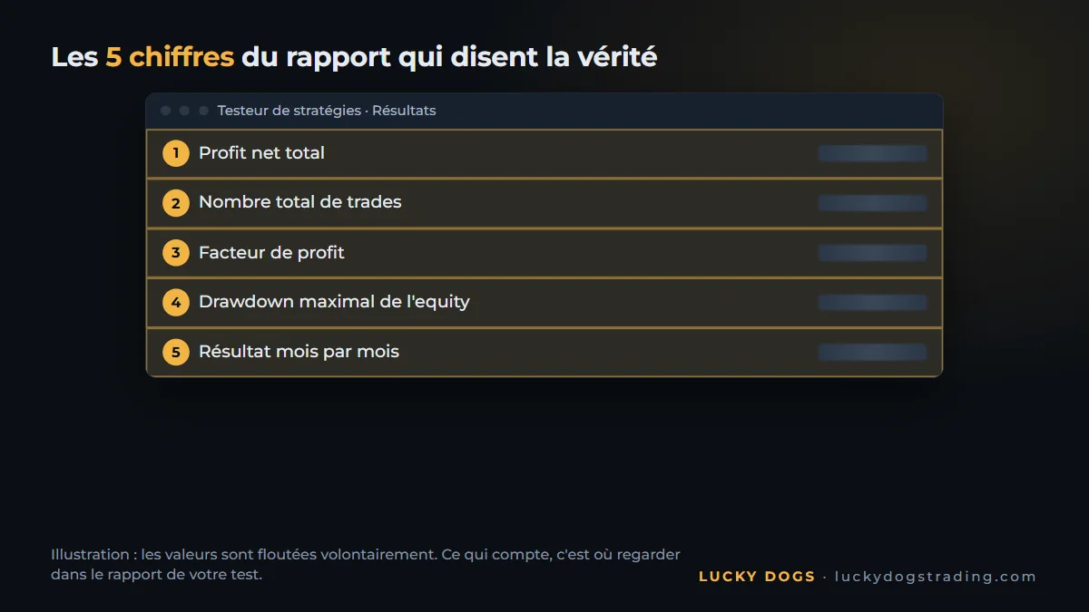 Rapport du Testeur de stratégies avec profit net, facteur de profit et drawdown maximal en évidence