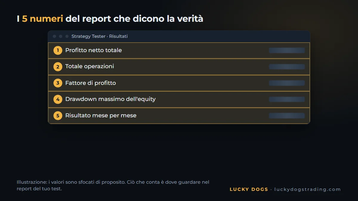 Report dello Strategy Tester con profitto netto, fattore di profitto e drawdown massimo evidenziati