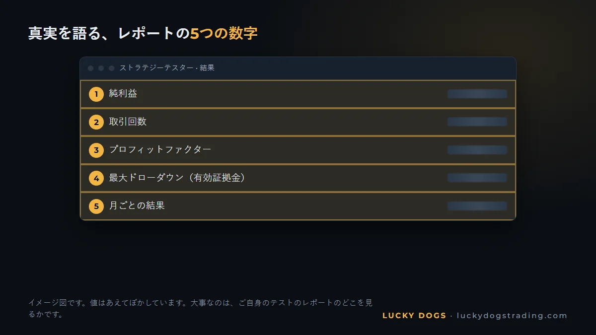 純利益、プロフィットファクター、最大ドローダウンを強調したストラテジーテスターのレポート