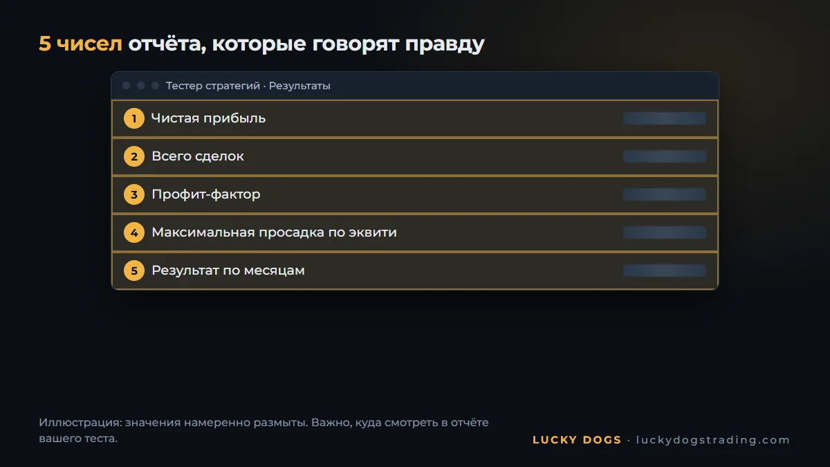 Отчёт Тестера стратегий с выделенными чистой прибылью, профит-фактором и максимальной просадкой