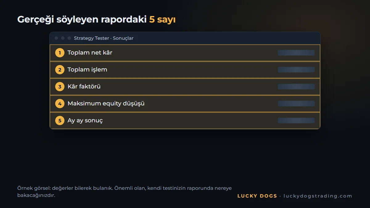 Net kâr, kâr faktörü ve maksimum düşüşün vurgulandığı Strategy Tester raporu