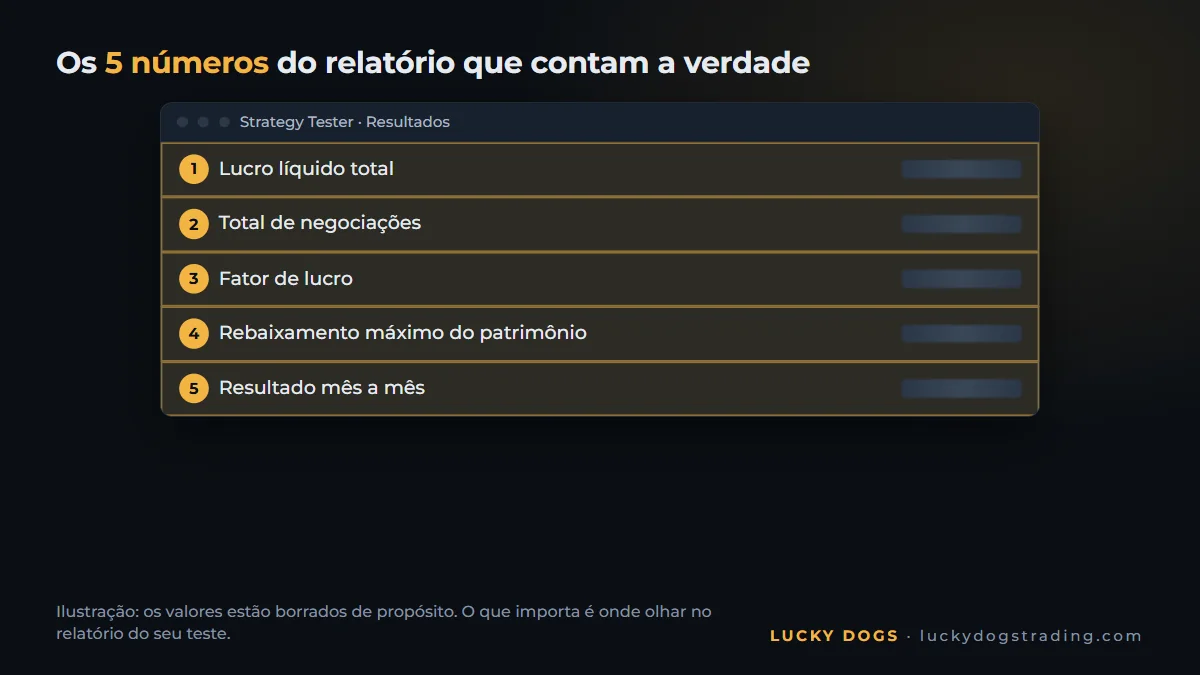 Relatório do Strategy Tester com lucro líquido, fator de lucro e maior queda em destaque