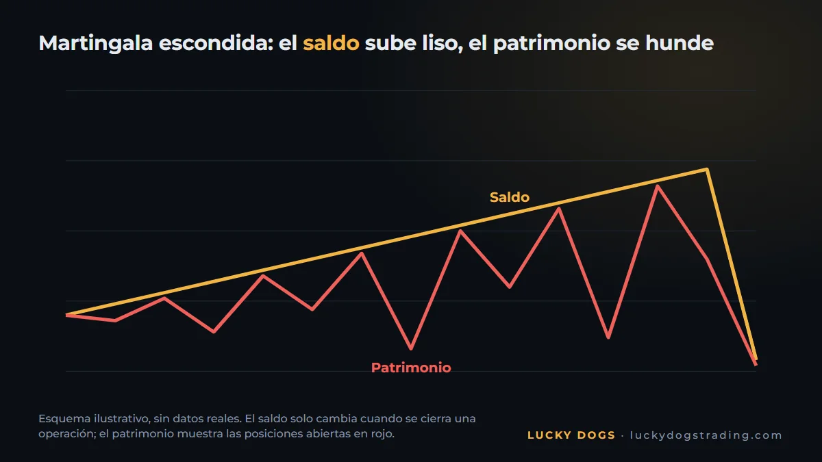 Curva de saldo subiendo mientras el patrimonio se hunde: la señal de una martingala escondida