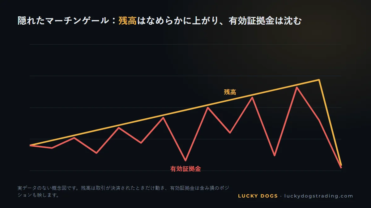 残高が上がる一方で有効証拠金が沈んでいくカーブ。隠れたマーチンゲールのサイン