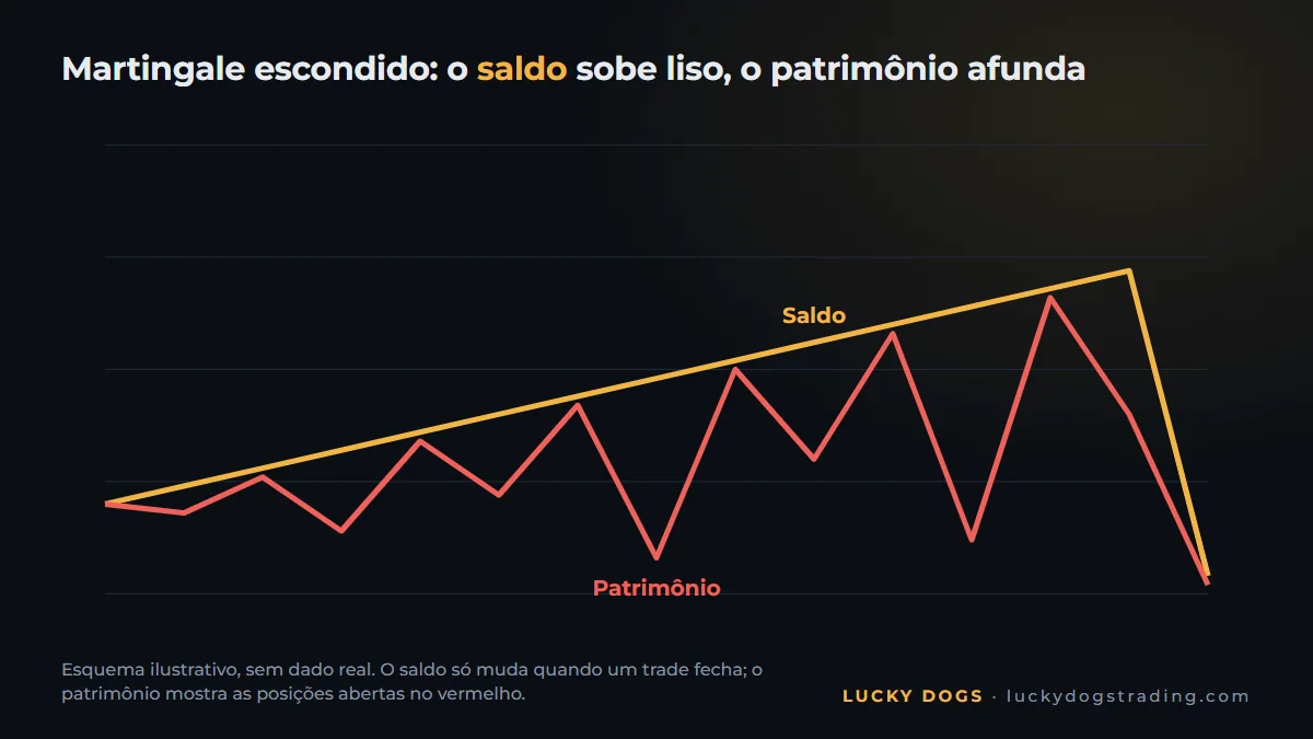 Curva de saldo subindo enquanto o patrimônio afunda: o sinal de um martingale escondido