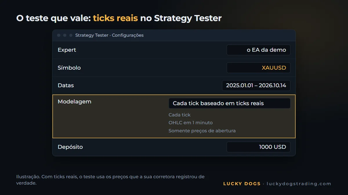 Strategy Tester do MetaTrader 5 com a modelagem Cada tick baseado em ticks reais